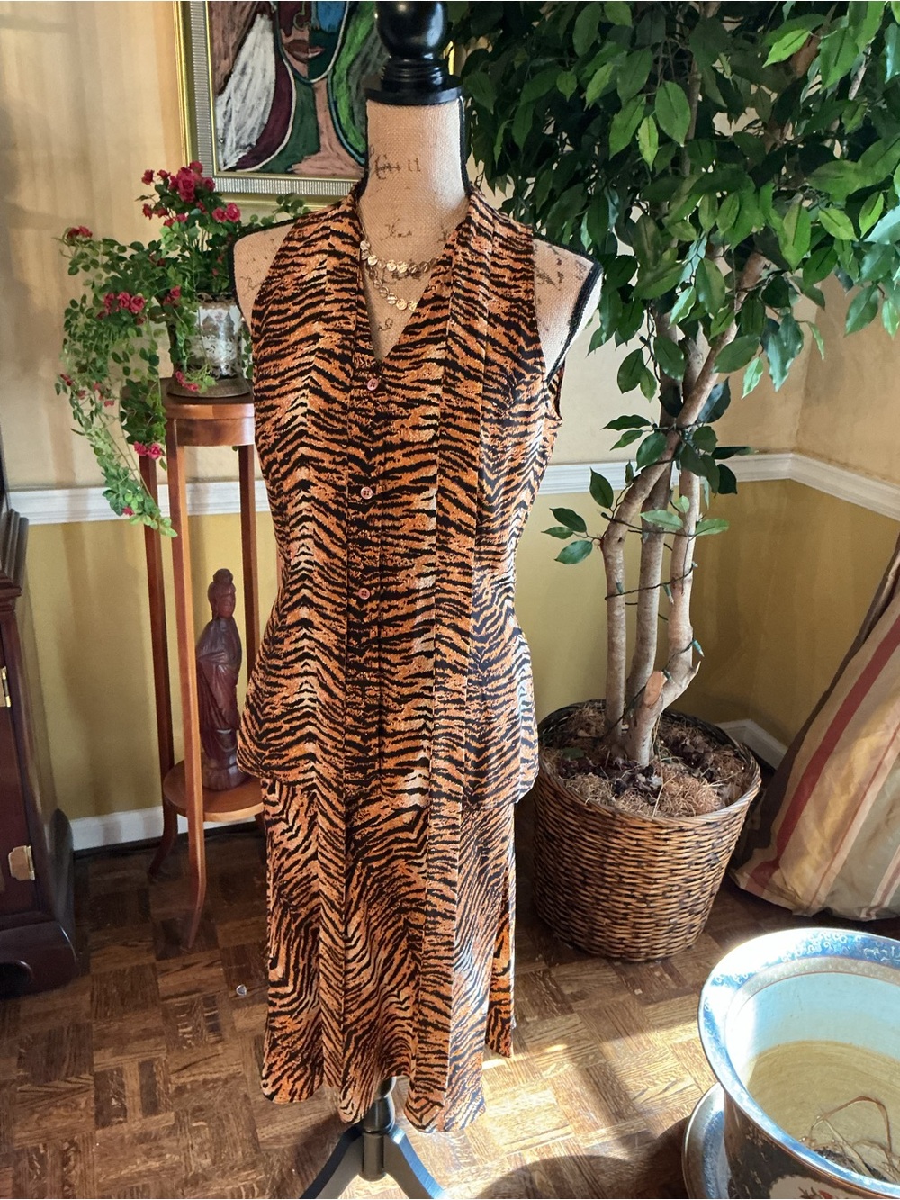 Sleeveless Tiger-Print Halter Midi Dress in Orange and Black